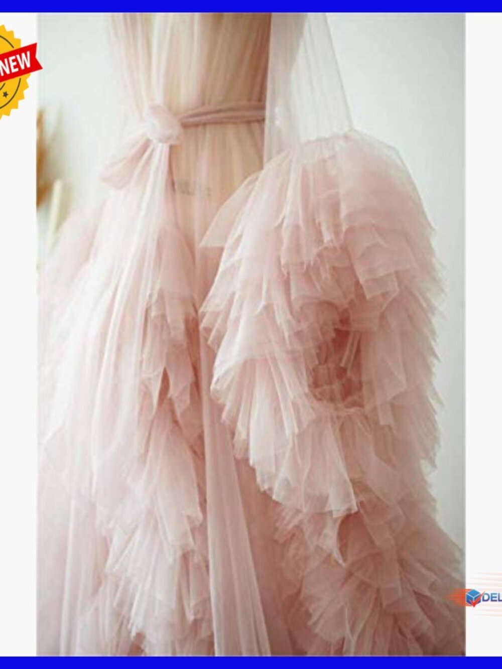 Tulle Maternity Robe Long Sleeve V-Neck Floor Length Photoshoot Gown - Picture 4 of 7